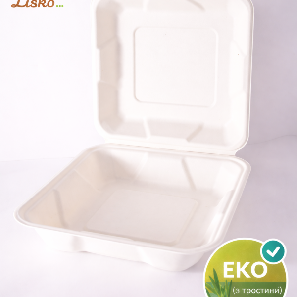 Біорозкладний ланч-бокс для харчових продуктів 21×20×6,3 см 100 шт, контейнер для доставки їжі з тростини